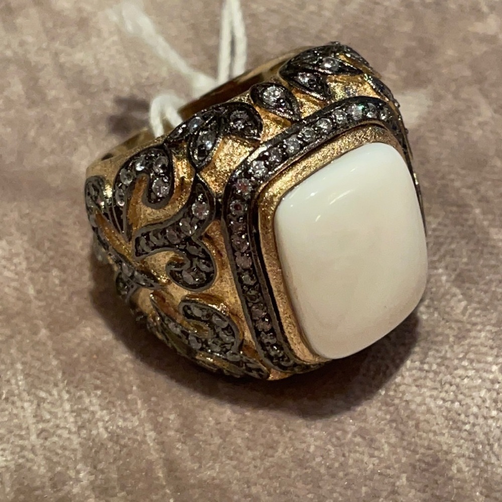 Rivka Friedman 18k Gold CLAD Ring with Cream Cabochon and Black Crystal Accents